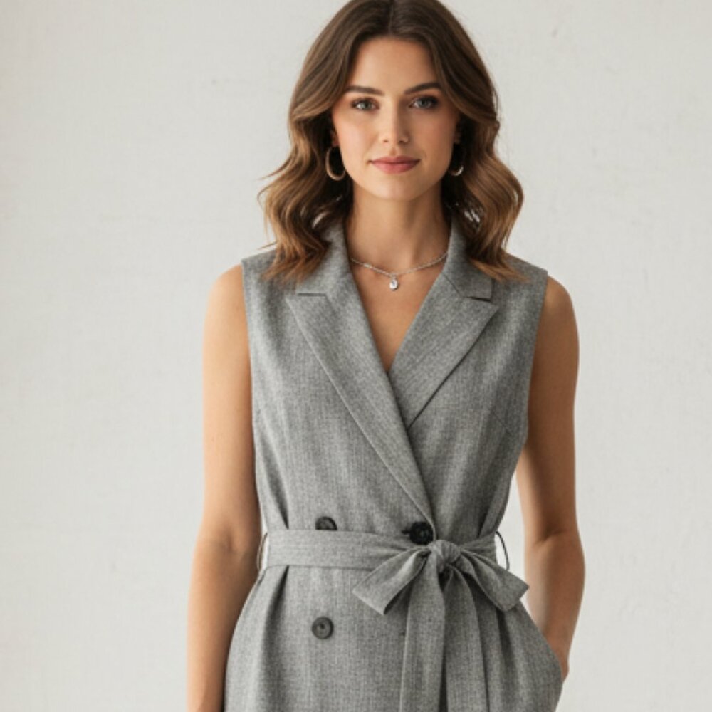 NWT Jason Wu Feather Grey Sleeveless Double Button Vest Dress with Belt